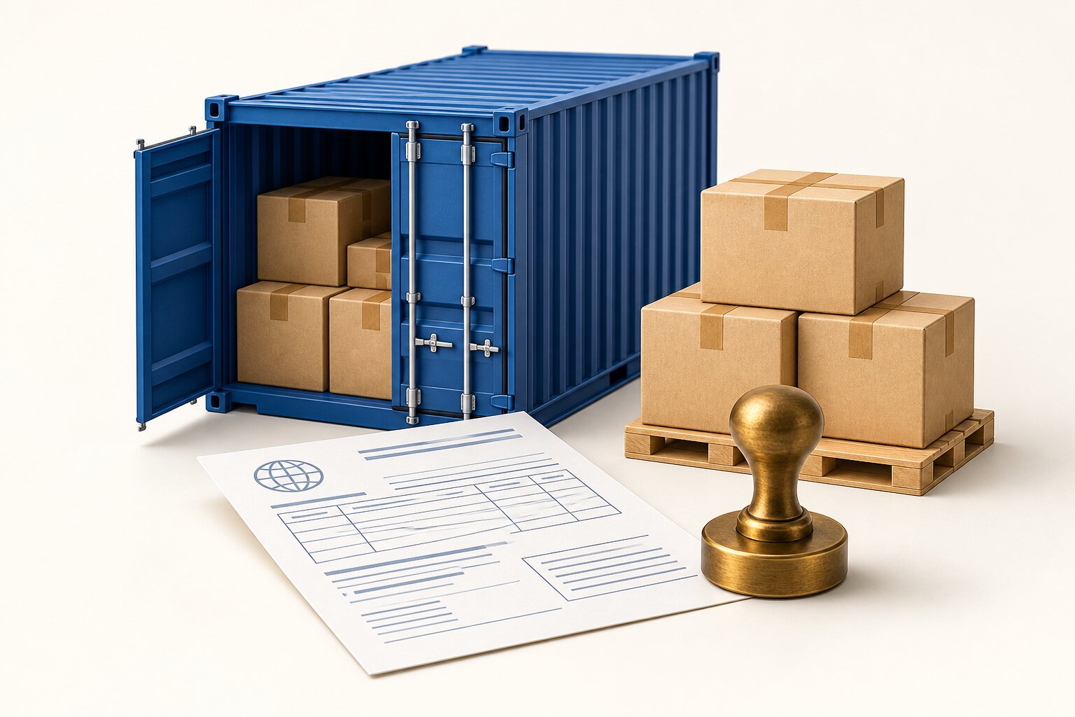 Container de import, mărfuri și document vamal